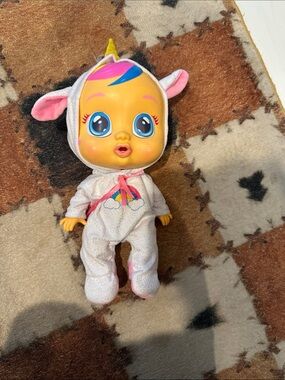 Plush Baby Unicorn Doll in White and Pink Hooded Outfit